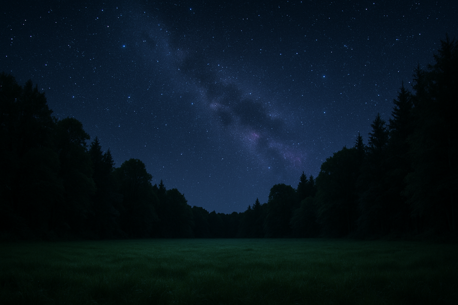 Cielo stellato notturno sopra un prato, simbolo di connessione cosmica ed energia sottile – Progetto Indaco